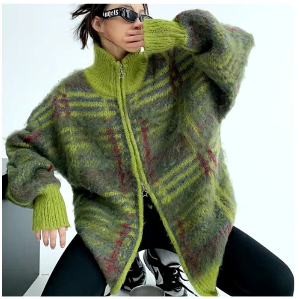 Green Plaid Mohair Zip-Front Cardigan Sweater